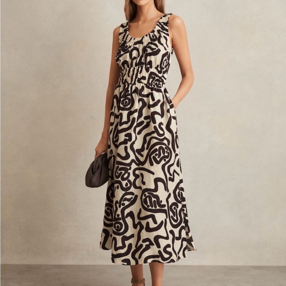 Reiss Abstract Brown and Cream Midi Dress… new with tags